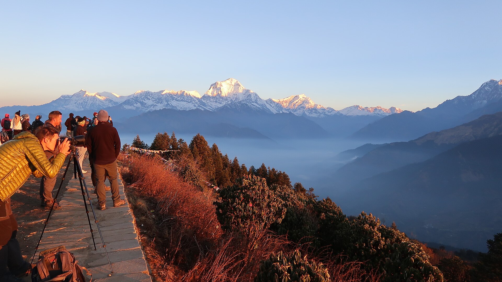 First light on Dhaulagiri and Annapurna South from the Poon Hill viewpoint above Ghorepani